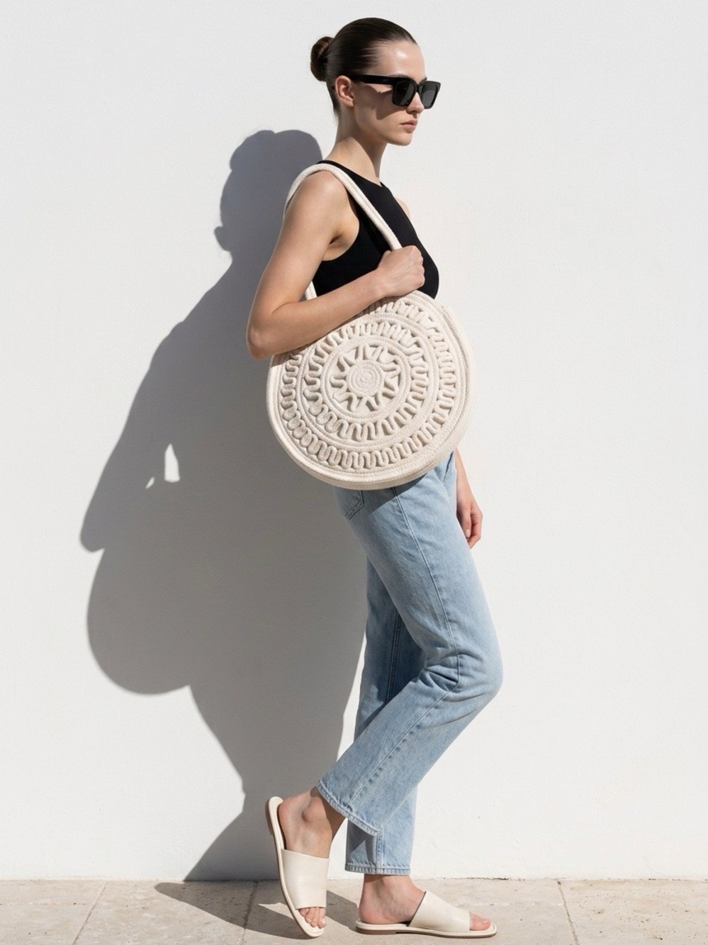 Sand n Sun Cream Round Woven Shoulder Bag crochet boho beach Tote NWT ivory